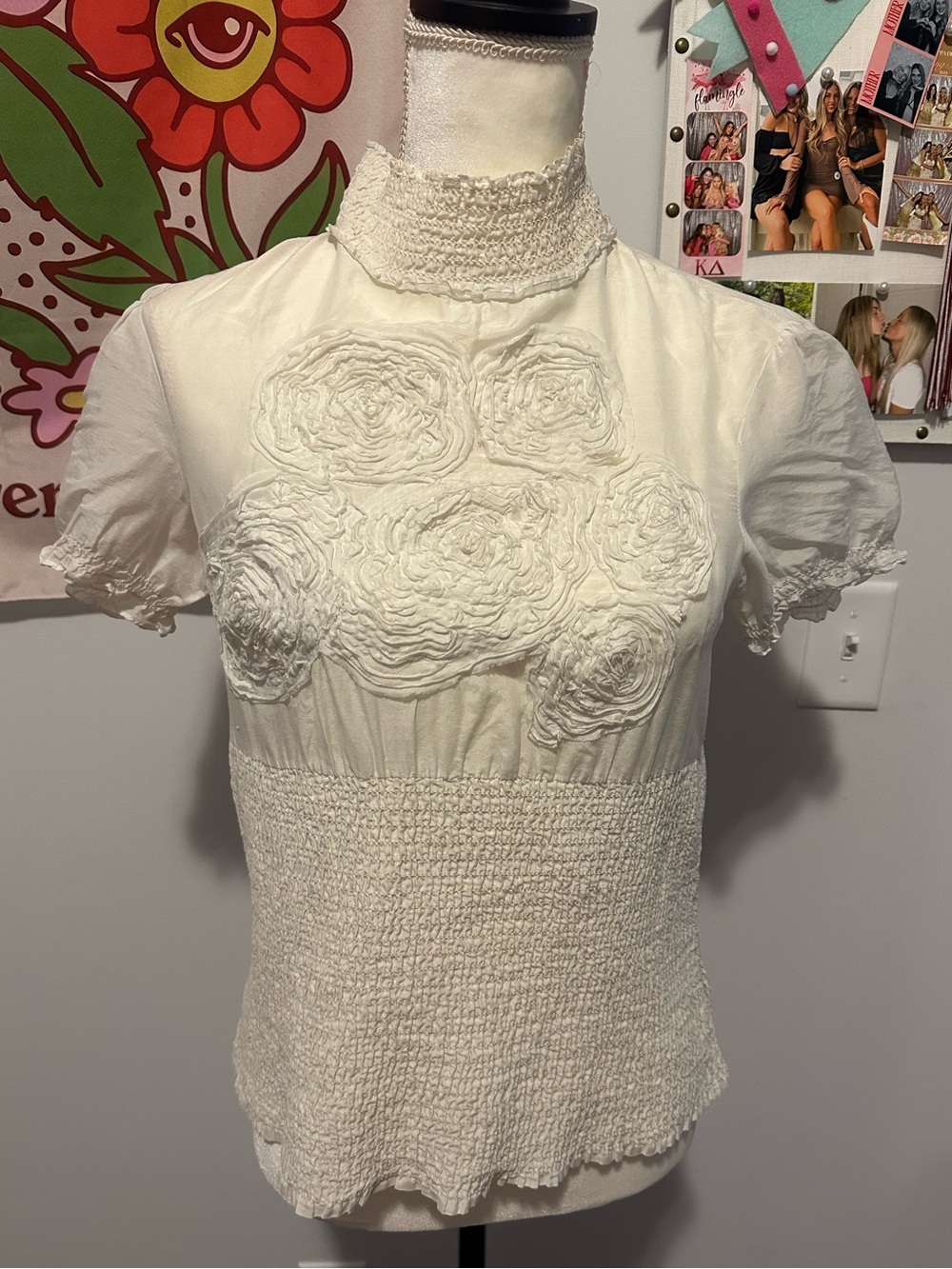 Vintage Cotton Silk White High-Neck Floral Appliqué Top